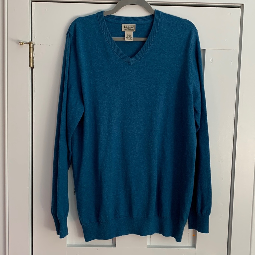 LL Bean Mens Size M Tall Blue V Neck Sweater Cotton/Cashmere